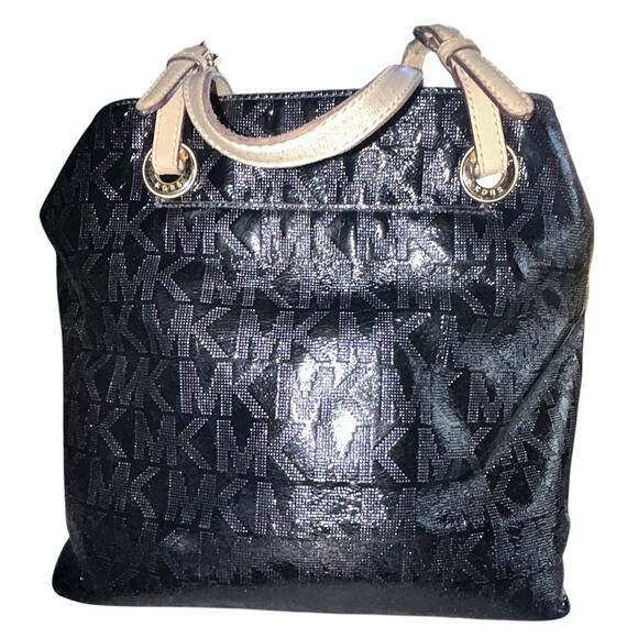 Michael Kors Jet Set Leather Mirror Metallic Signature Black Tote Large - Picture 1 of 11